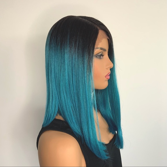 Very Pretty 16” Ombre Turquoise Blue Angled Bob Synthetic Lace Front Wig - Picture 4 of 8